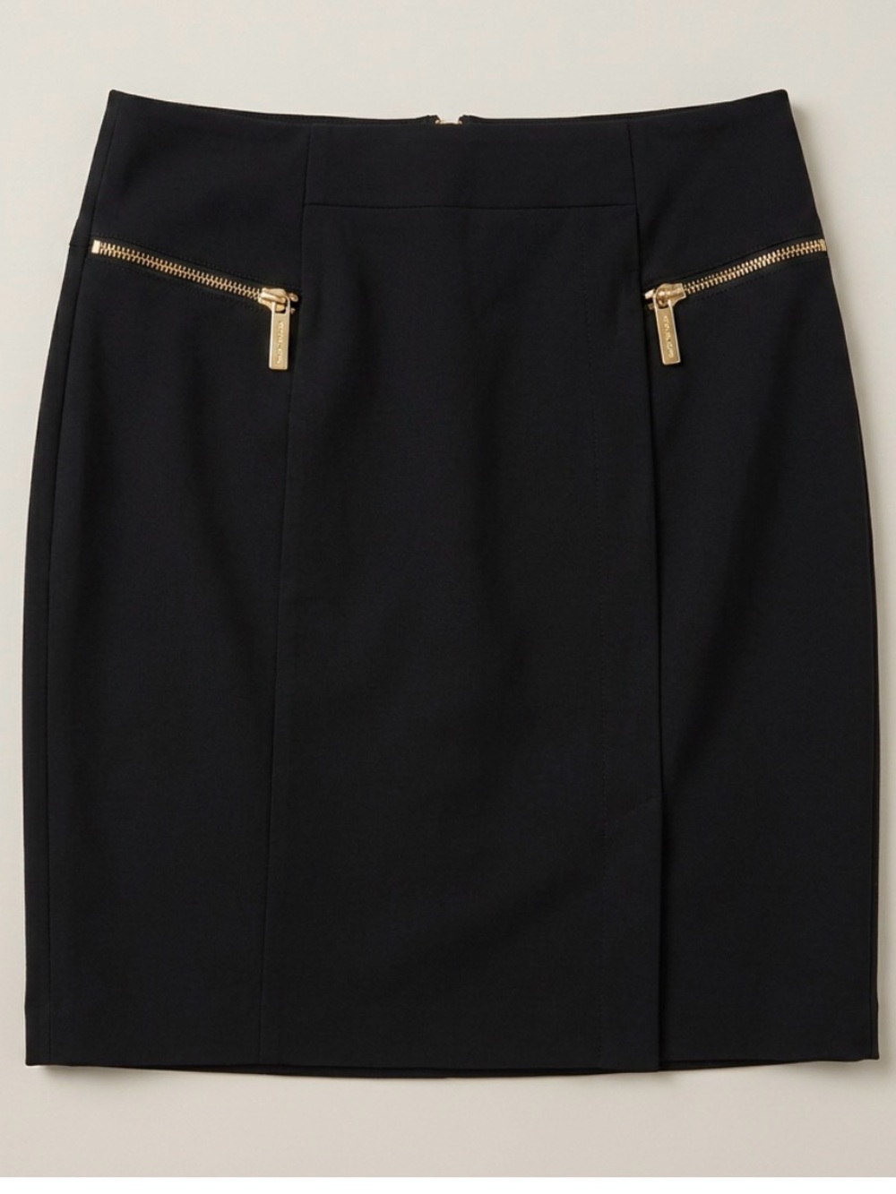 Michael Kors Black Midi Pencil Skirt with Gold Zip Details